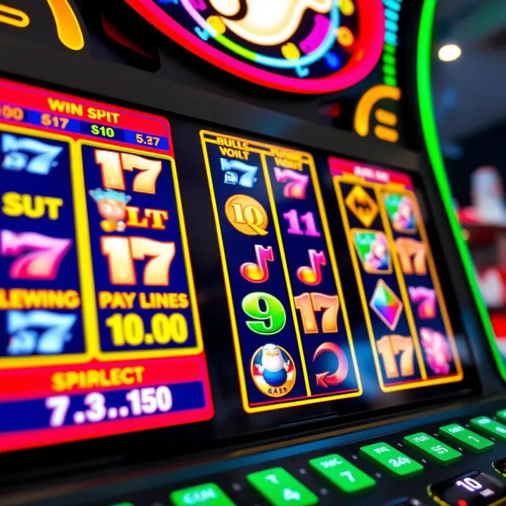 Colorful digital slot machine screen showing winning paylines and symbols