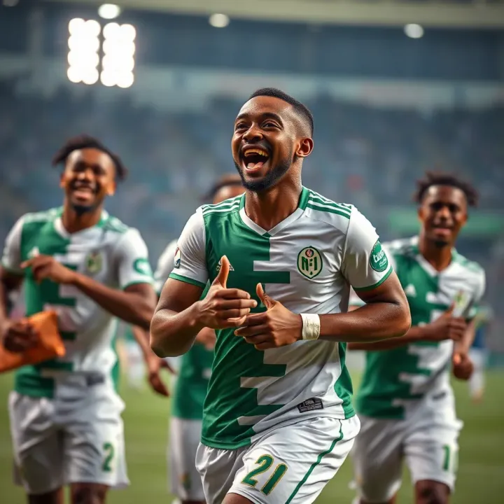Nigeria's Football Team Celebrates a Key Moment at AFCON Football players from Nigeria celebrating a goal during an international tournament