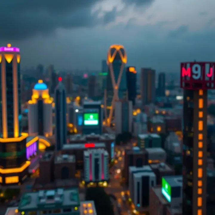 A vibrant Lagos cityscape with digital sports betting icons overlayed