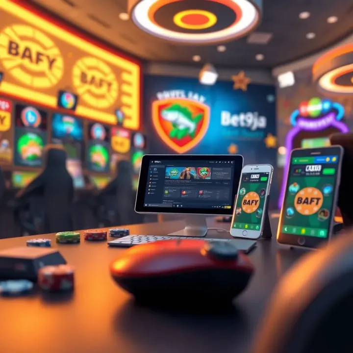 Illustration of online gaming environment featuring digital devices and icons representing betting and free play opportunities in Nigeria