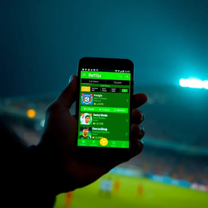 Bet9ja Mobile Interface with Live Soccer Updates Mobile phone showing Bet9ja interface with live soccer match updates