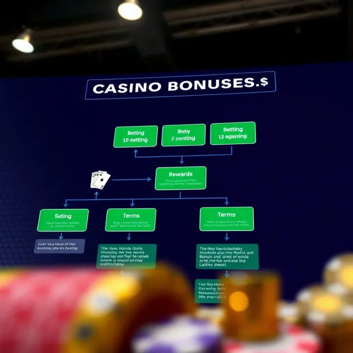 Diagram showing the flow of claiming and using casino bonuses effectively with icons representing betting, rewards, and terms