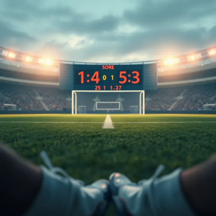 Football pitch with goalposts and a scoreboard showing predicted score numbers