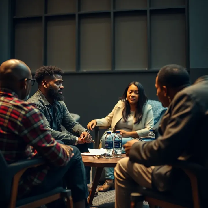 A community support group meeting discussing gambling addiction recovery strategies