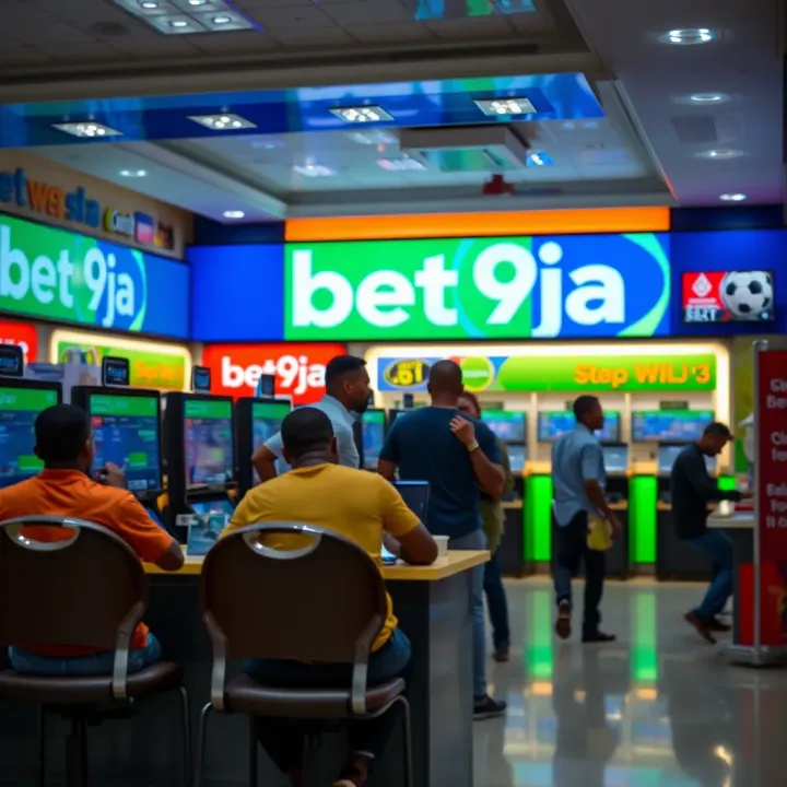 Interior layout of a Bet9ja outlet showing betting terminals and customers engaged in sports betting activities